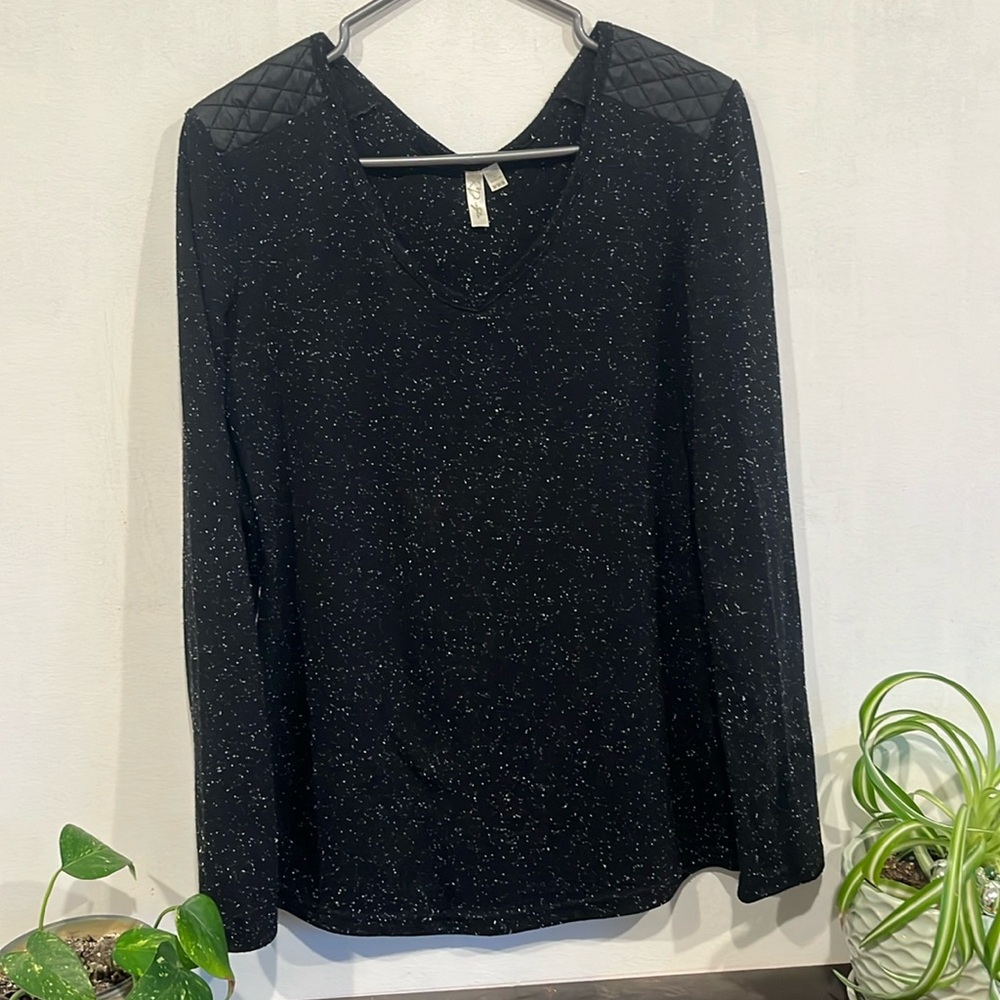 RD style, size medium, black long sleeve with faux leather on shoulders.
